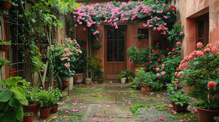 Backyard adorned with pink flowers