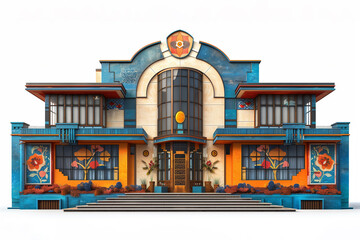 Art Deco house with a rounded facade and prominent glass blocks, showcasing a perfect blend of modern and classic design elements, on white background.