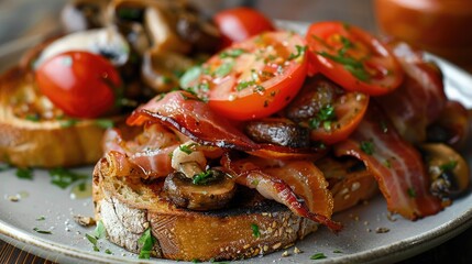 Bacon tomato mushrooms and toast dish