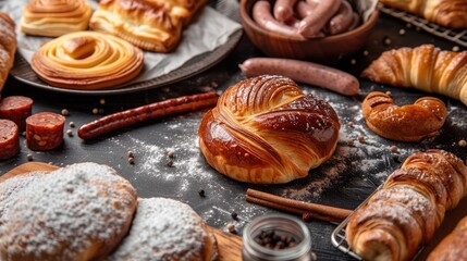 Fototapeta premium Baking various pastries and sausages on dark surface