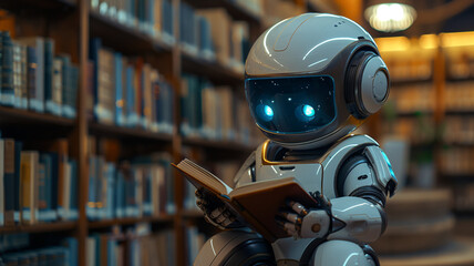 Fototapeta premium Robot studying in the library, reading books close-up