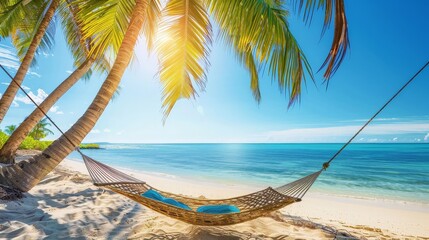 Fototapeta premium Relaxing hammock between palm trees on a sunny tropical beach