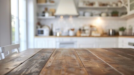Blurry sight of contemporary white kitchen with wooden table