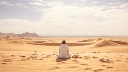 A photograph of a young traveler staring out at a vast expanse of golden sand dunes leading to a stunning sunset.