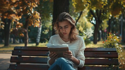 Obraz premium A white woman sitting on a park bench, holding a letter, her face showing signs of heartbreak.