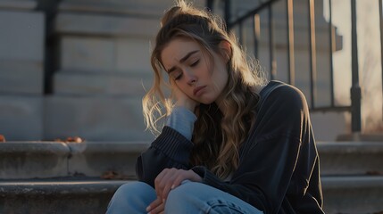 A white woman sitting on the steps of a building, looking at the ground with tears in her eyes.