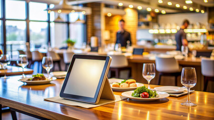 Modern restaurant setting with a digital tablet on a counter, open to a menu screen, surrounded by plates, utensils, and a blurred background of a bustling eatery.