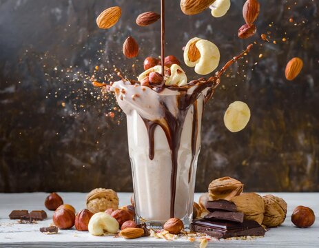 N&uuml;sse fallen in einen Nussmilchshake