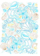 Vector square illustration of line art tropical sea elements, seashells, starfish. Doodles of marine life. Sea decor for scrapbook, card, design. Ocean creatures. Maritime illustration. A4 page size