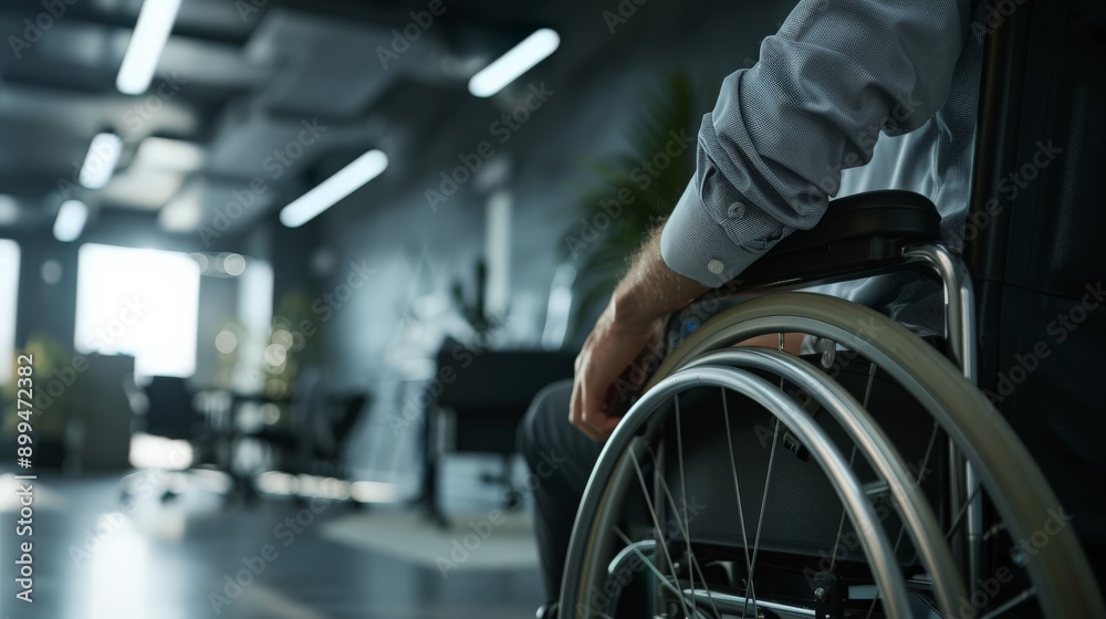 Poster Close-up of a person in a wheelchair in a modern office setting. Accessibility and inclusion in the workplace.