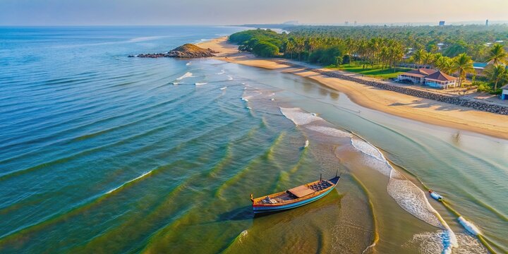 Aerial view of Kihim beach in Alibag, Maharashtra with a fisherman's boat at the jetty, Kihim beach, Alibag