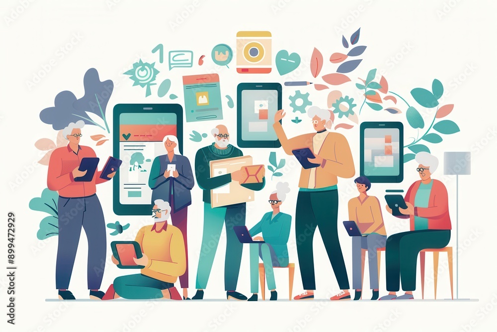 Aufkleber a group of elderly people actively using various technological devices in a vibrant and cheerful env
