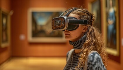Young woman wearing a virtual reality headset using it to visualize a museum art gallery 