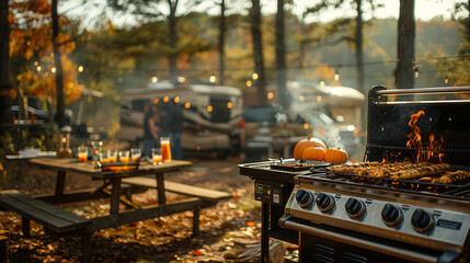 Cozy Autumn Camping Scene with a Barbecue Grill and RVs in a Scenic Forest Setting
