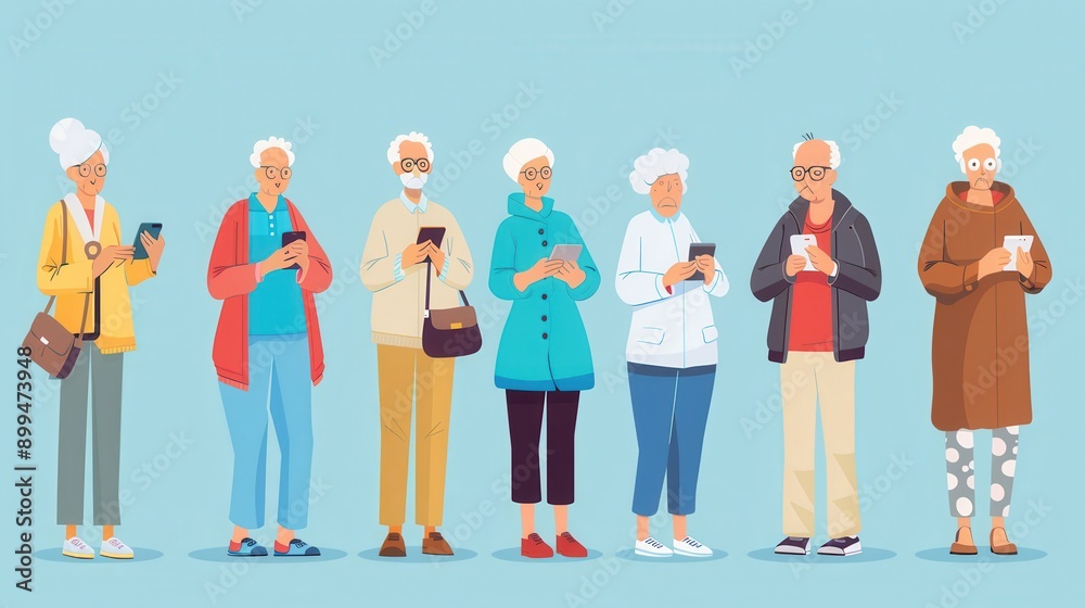 Aufkleber a group of elderly individuals stand together, each focused on their mobile devices while enjoying a