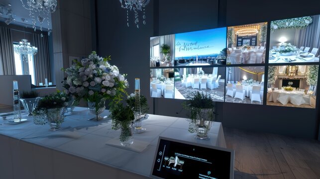 high-tech wedding planner office with virtual venue tours and interactive wedding planning tools on a smart panel