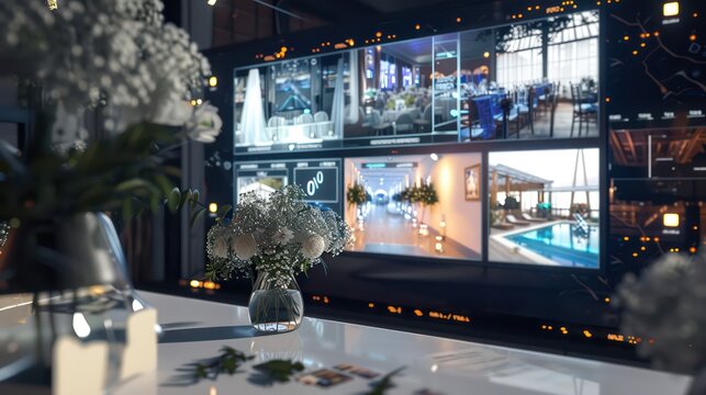 high-tech wedding planner office with virtual venue tours and interactive wedding planning tools on a smart panel