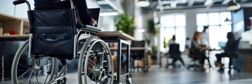 Poster close-up of a person in a wheelchair working on a laptop in a modern office. highlighting workplace 