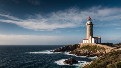 Punta Nariga lighthouse in Spain's Galicia, iconic seaside view. High contrast