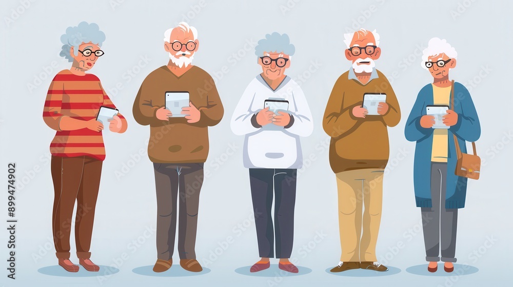 Poster a group of elderly individuals is interacting with their mobile devices, enjoying each other's compa