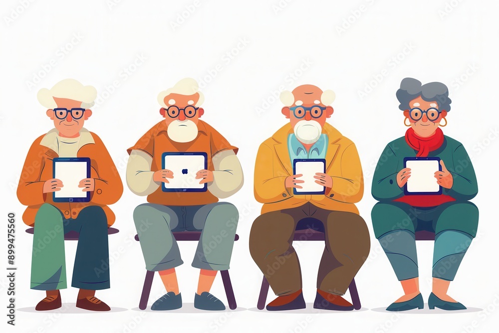 Fototapete a group of four elderly individuals is sitting side by side, each using tablets and engaging in conv