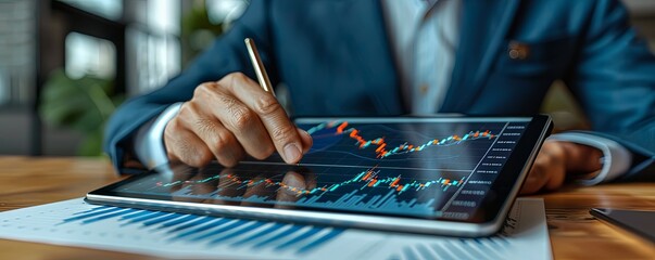 Business professional analyzing stock market data on a digital tablet with a stylus. Financial growth and market trends concept.