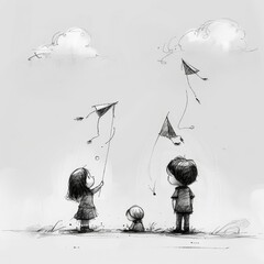 Naklejka premium Children Flying Kites in a