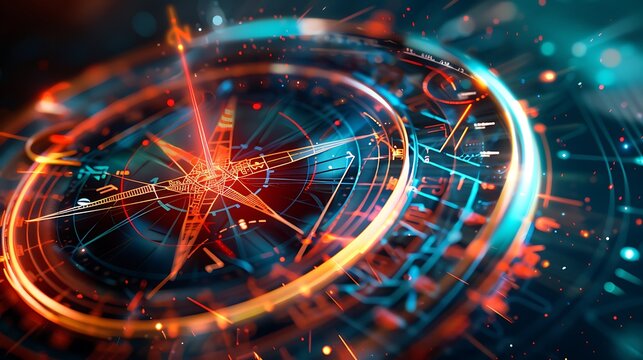 Digital Compass with Innovative Futuristic Navigation Approach for Modern Technology Landscape Direction Guidance Concept.