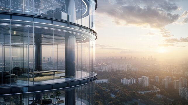 home office in a revolving tower, providing 360-degree views of the surrounding cityscape or landscape as it slowly rotates