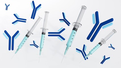 3d rendering of isolated antibody molecules and medical syringe in the white background