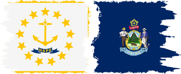 Maine and Rhode Island states grunge brush flags connection, vector