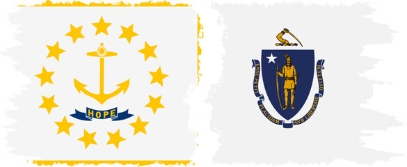 Massachusetts and Rhode Island states grunge brush flags connection, vector