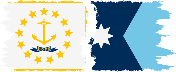 Minnesota 2024 and Rhode Island states grunge brush flags connection, vector