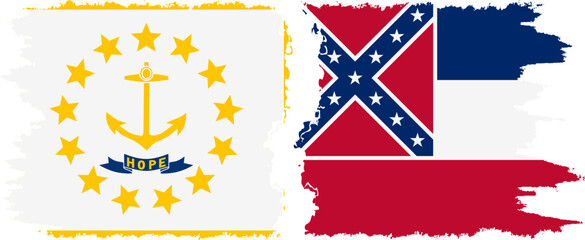 Mississippi and Rhode Island states grunge brush flags connection, vector