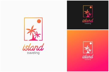 Island Travel Palm Tree Sky Sun Landscape Holiday Vacation Vector Logo Design Illustration