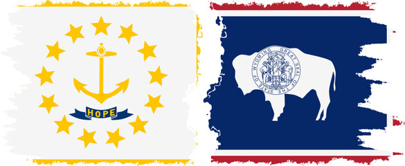 Wyoming and Rhode Island states grunge brush flags connection, vector