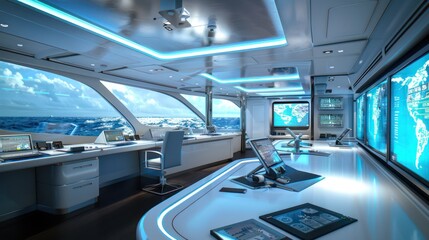 luxury cruise ship's command center turned into a virtual meeting hub, with nautical charts and oceanic views on screens