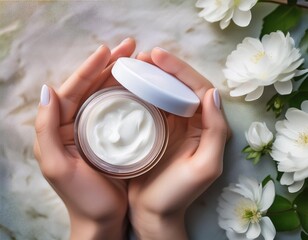 Manos de mujer sujetando un bote de crema hidratante con flores blancas a su alrededor simbolizando la belleza y la salud de la piel