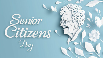 Elegant paper-cut illustration of Senior Citizens Day with floral elements and an elderly woman's profil