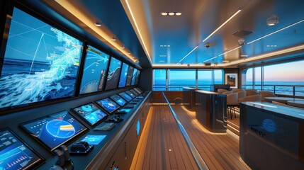 luxury cruise ship's command center turned into a virtual meeting hub, with nautical charts and oceanic views on screens