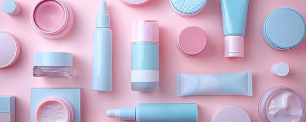Aesthetic flat lay of skincare and beauty products in pastel pink and blue colors, organized neatly on a matching background.