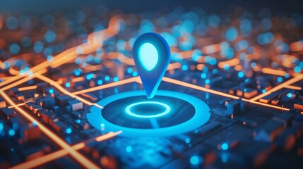 Location Marker on a Futuristic Cityscape