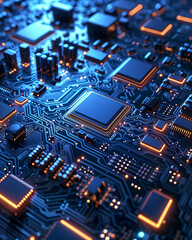 Fototapeta premium Close up view of a blue lit circuit board with various electronic components and glowing connections