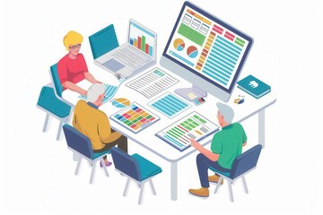 Elderly people collaborate around a table, analyzing various charts and reports displayed on their devices and printed materials. Generative AI