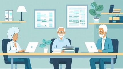 Three elderly individuals work together at a table, using laptops and discussing their projects in a bright office environment. Generative AI