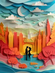 A couple is standing in front of a city skyline