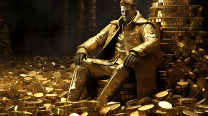 Obraz premium High-resolution photograph of a lone chess king, rendered in exquisite detail, standing amidst a pile of gold coins, symbolizing triumph and wealth