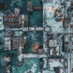 Post Apocalyptic  Top view Battle Map  for RPG ,Map for Dungeons and Dragons,DnD map, Tabletop Role-Playing Games, Adventure Game Background, Top-Down View