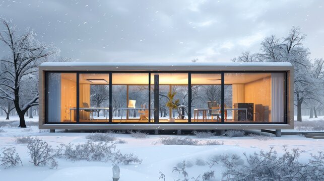 minimalist and eco-friendly office set in a snow-covered landscape, with large windows and a focus on sustainable living