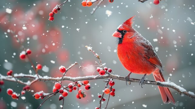 A red cardinal bird is perched on a branch covered in snow